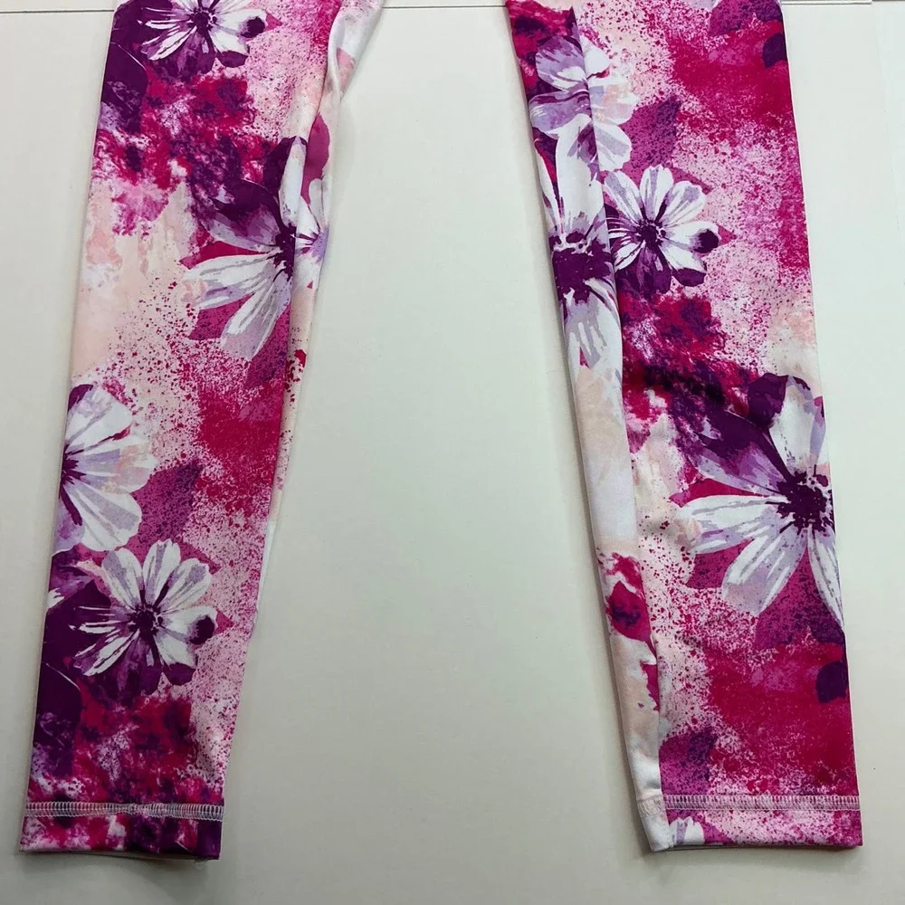Justice Multi Pink Floral Leggings Kids Size L 12/14 Gold Metallic Waistband